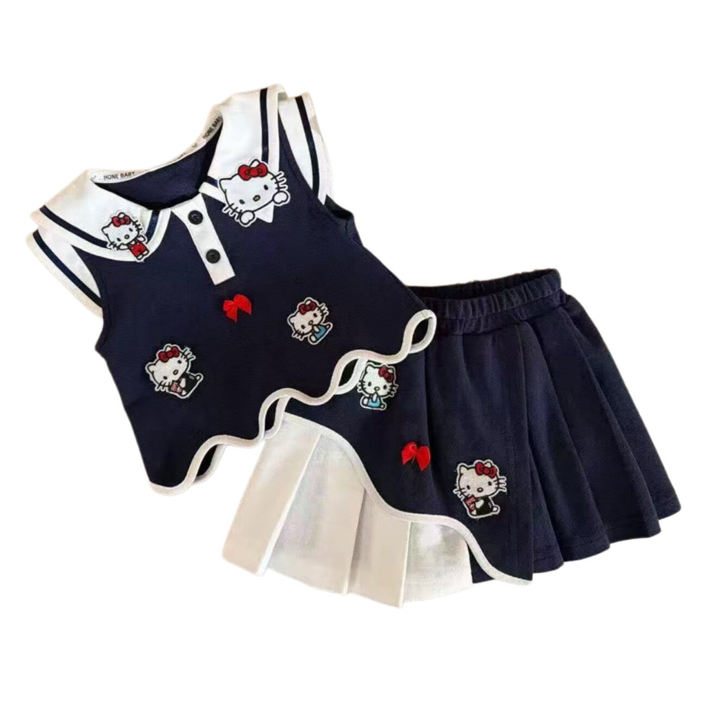 Ensemble Deux Pièces Fille Hello Kitty – Jupe Plissée & Haut Cartoon Été