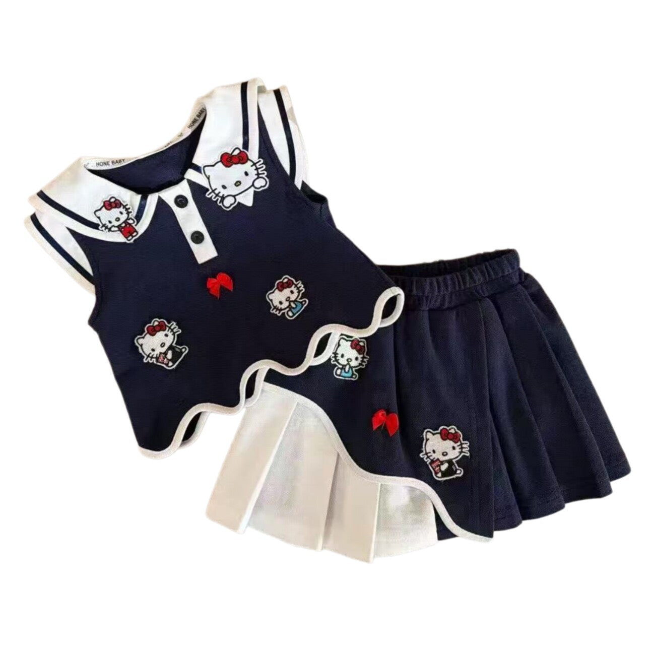 Ensemble Deux Pièces Fille Hello Kitty – Jupe Plissée & Haut Cartoon Été