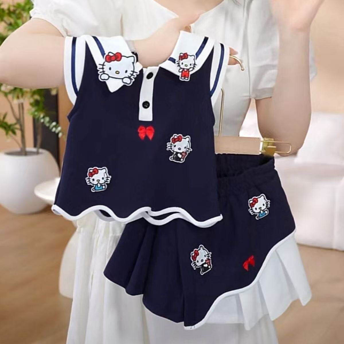 Ensemble Deux Pièces Fille Hello Kitty – Jupe Plissée & Haut Cartoon Été