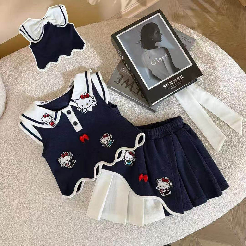 Ensemble Deux Pièces Fille Hello Kitty – Jupe Plissée & Haut Cartoon Été