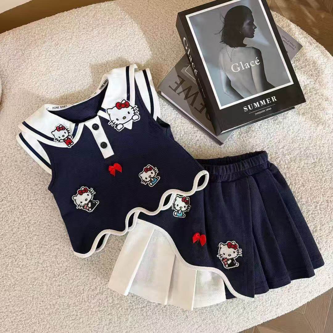 Ensemble Deux Pièces Fille Hello Kitty – Jupe Plissée & Haut Cartoon Été