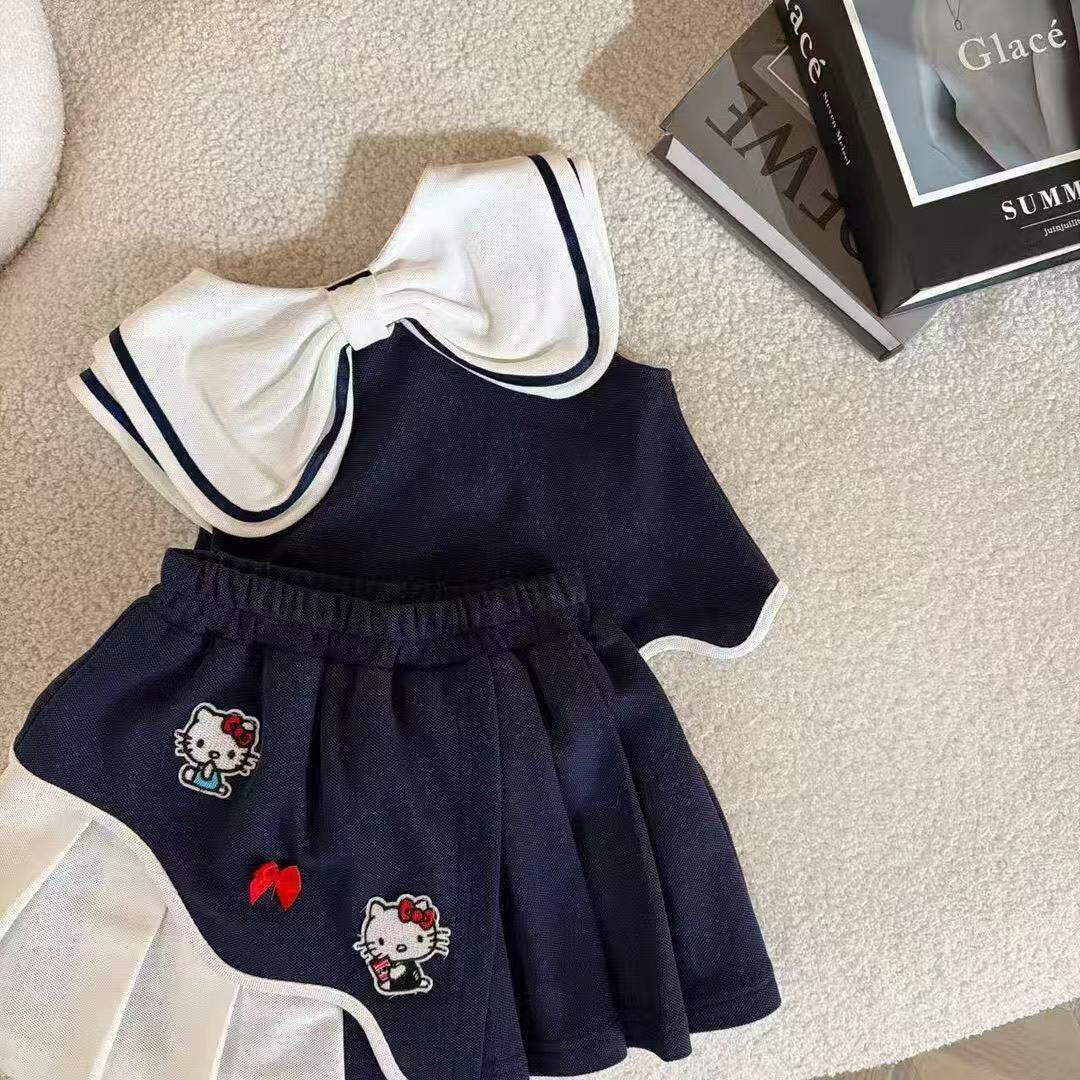 Ensemble Deux Pièces Fille Hello Kitty – Jupe Plissée & Haut Cartoon Été