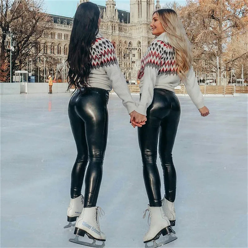 Pantalon Simili-Cuir Femme Taille Haute - Legging Chaud Effet Cuir Hiver