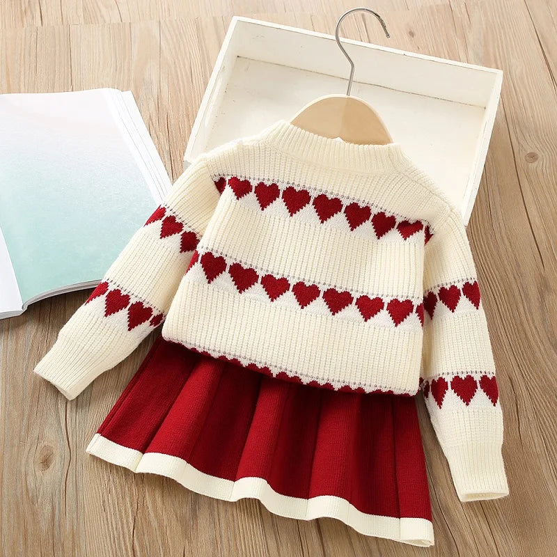 Ensemble Fille Hiver - Pull Tricoté Cœur + Jupe Courte Style Chic