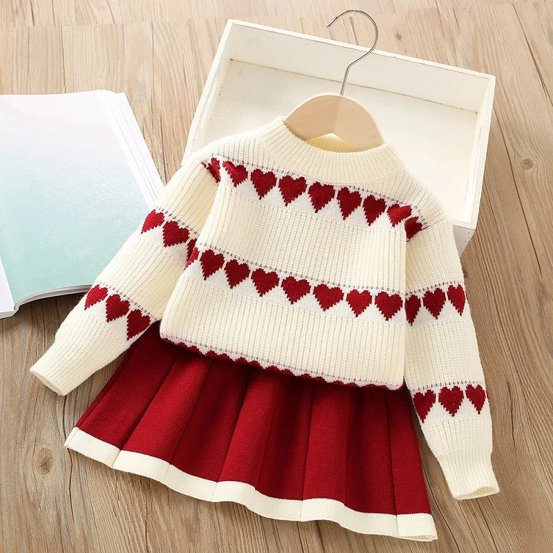 Ensemble Fille Hiver - Pull Tricoté Cœur + Jupe Courte Style Chic