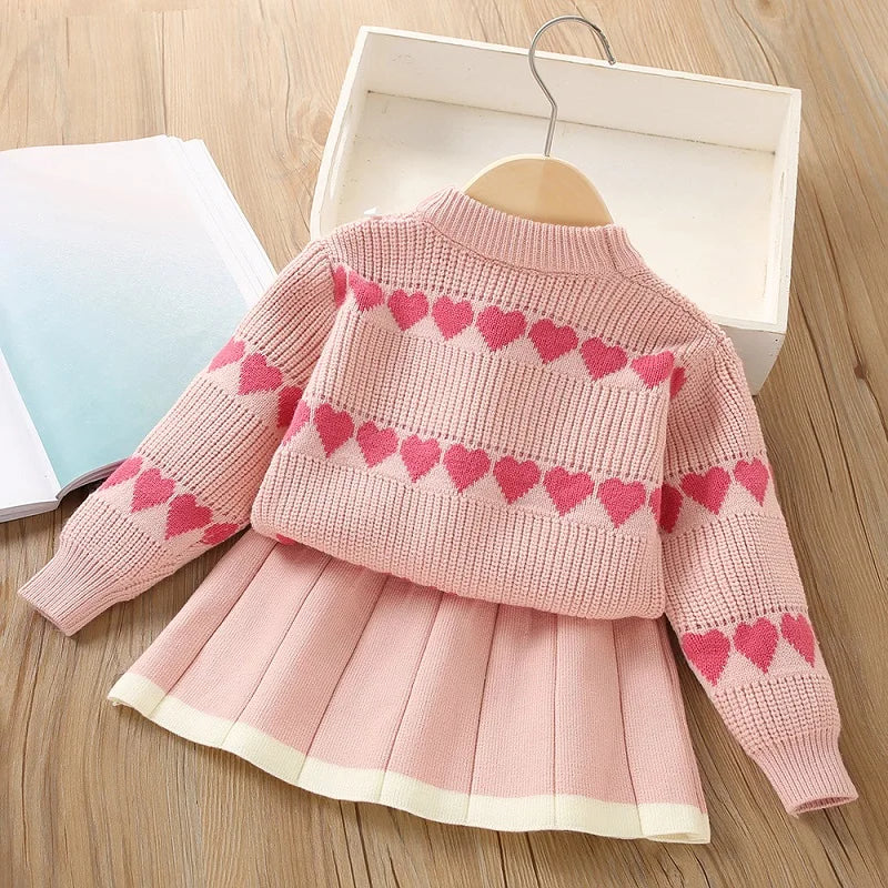 Ensemble Fille Hiver - Pull Tricoté Cœur + Jupe Courte Style Chic